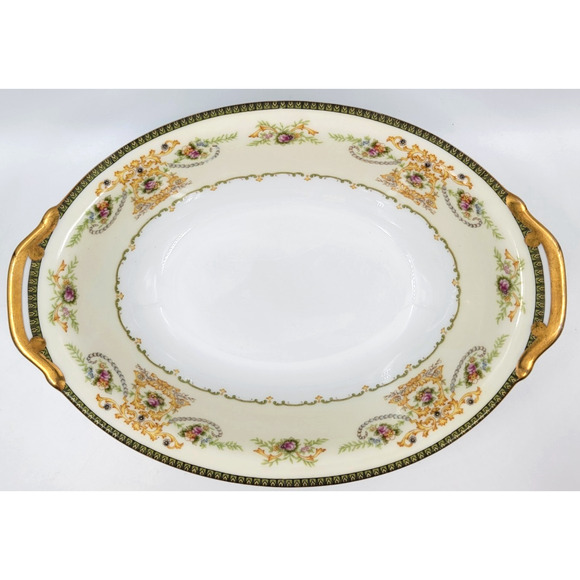 P.B. Japan Charm 11" Oval Serving Bowl Floral Scroll Gold Green Trim 1950s - Picture 3 of 9